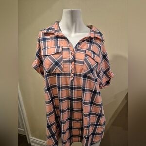 My Style Pink Plaid Shirt Top Shirt Sleeve Stretchy Women's Size XL EUC